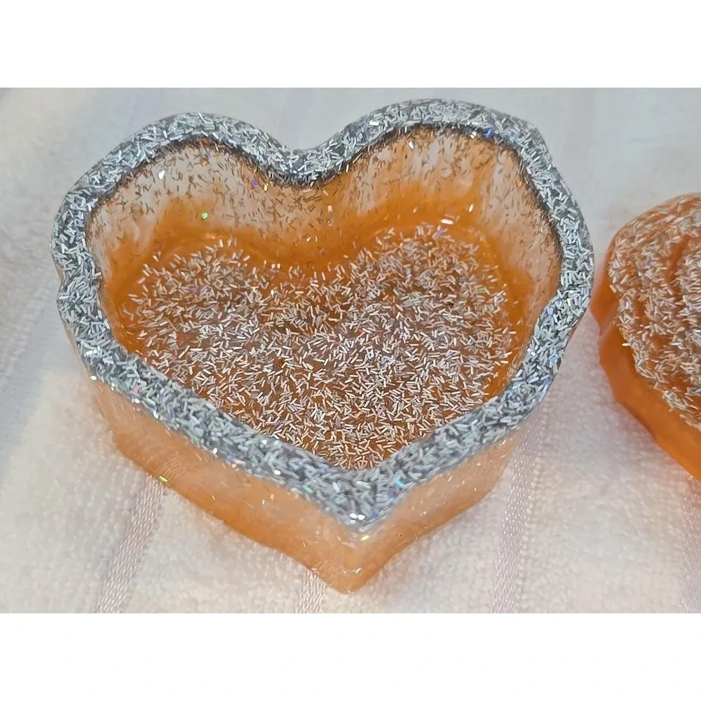 Handmade Resin Heart Shaped‎ Box With Lid Orange And Silver. 760